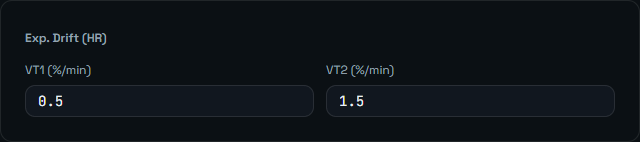 VTCheck HR Expected Drift sidebar controls: VT1 and VT2, expressed in percent per minute.